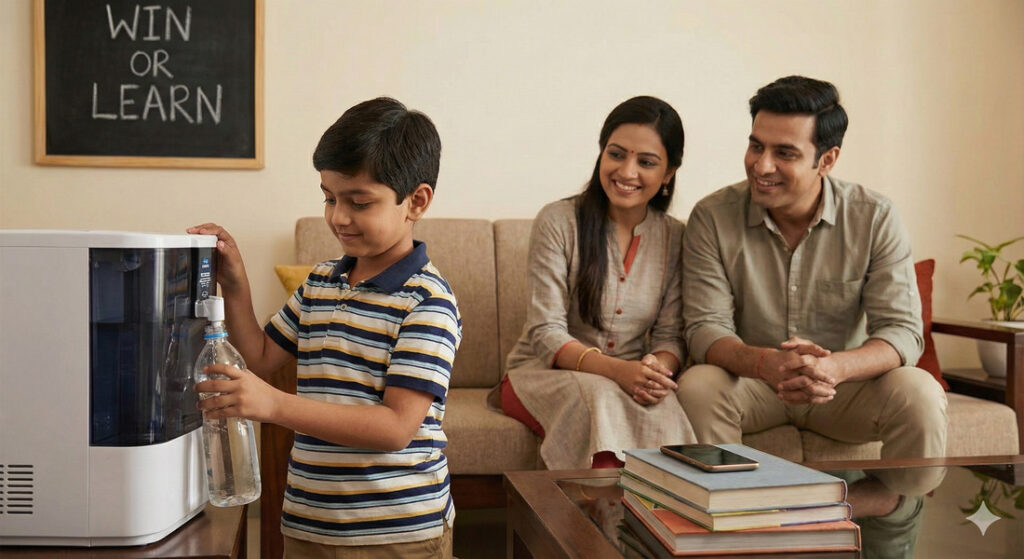 Indian boy filling water bottle independently while parents watch supportively, illustrating the 'Win or Learn' parenting mindset and child responsibility.