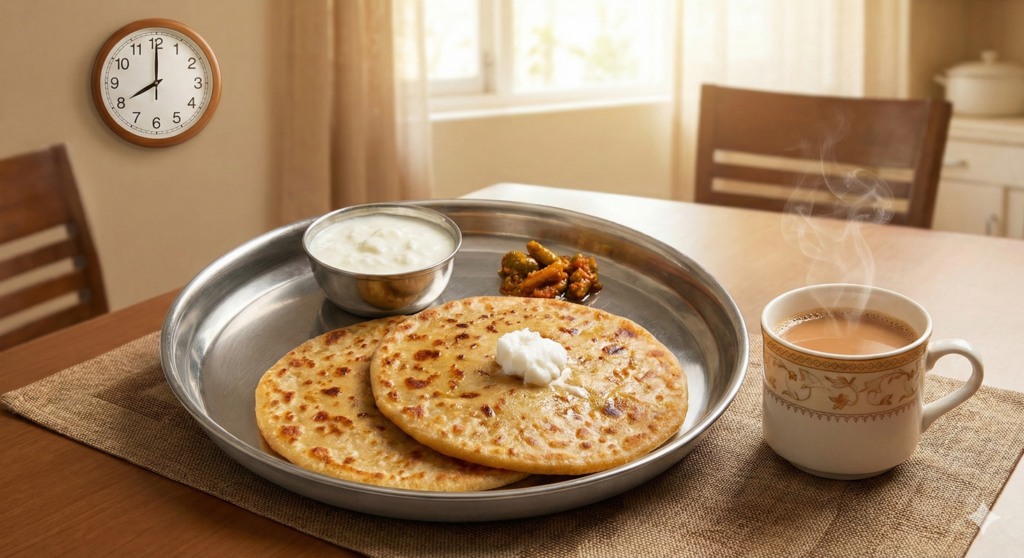 A typical Indian breakfast of parathas and chai at 8 AM, illustrating the habit that prevents skipping breakfast and stops fat burning