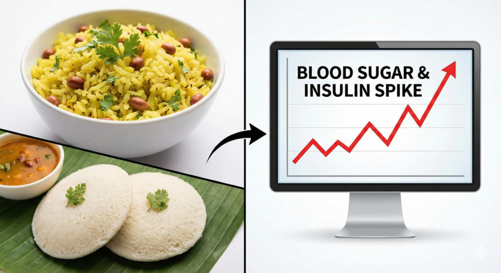 Common Indian breakfast foods like poha and idli shown causing a sharp blood sugar and insulin spike, a key reason for skipping breakfast.