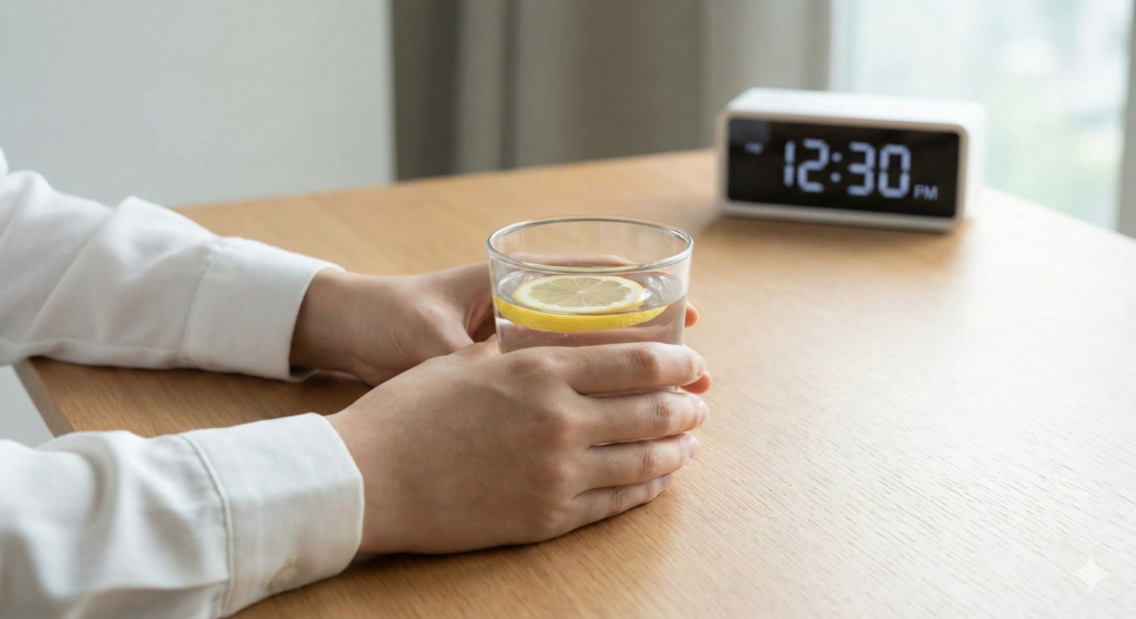 A person holding water with lemon at 12:30 PM, demonstrating the routine of skipping breakfast to extend the fasting window.