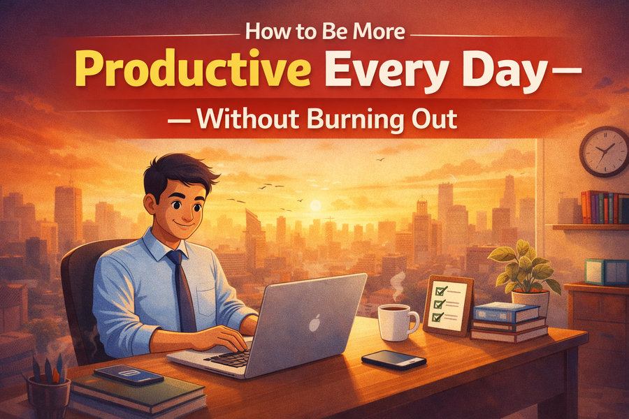 A warm, cinematic digital illustration shows a young Indian professional sitting at a clean desk, working calmly on a laptop during sunrise. The desk contains neatly stacked books, a checklist planner, a cup of coffee, and a smartphone placed aside, symbolizing focus and organized work habits. In the background, a glowing Indian city skyline is visible through a large window, representing ambition and everyday urban life. At the top, bold headline text reads: “How to Be More Productive Every Day — Without Burning Out,” highlighting the theme of sustainable productivity and balanced success.