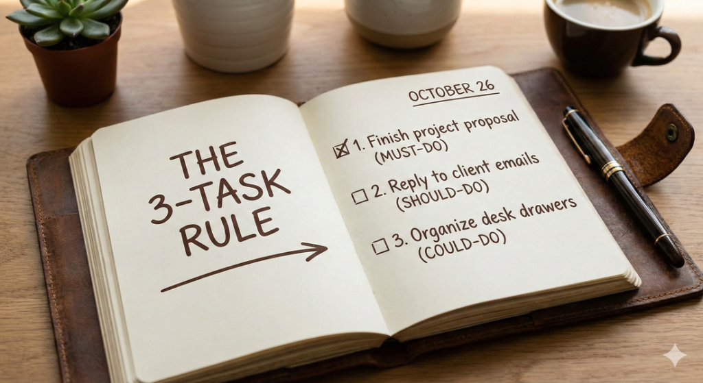 A notebook showing the 3-task rule to help you be more productive